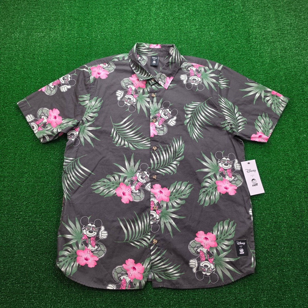 Disney Neff Mickey Mouse Hawaiian Shirt Mens Large Tropical Hibiscus Flowers NWT
